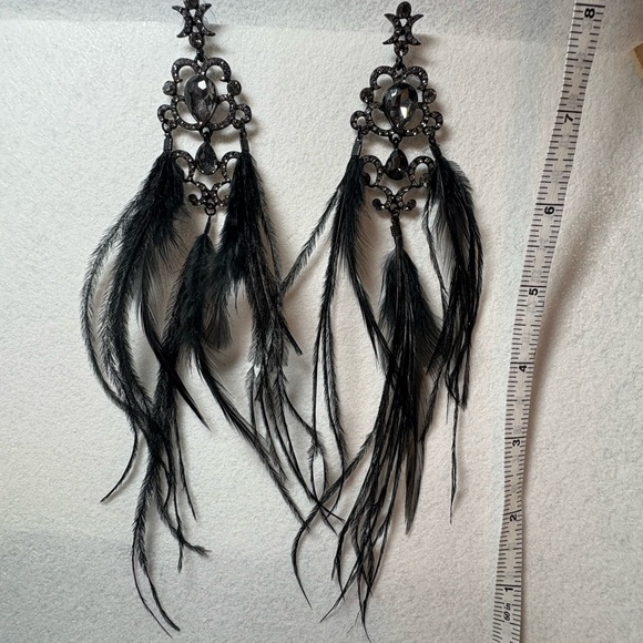 Dramatic Feather & Rhinestone Earrings - Picture 4 of 6